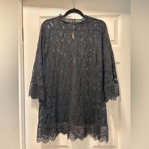 Johnny Was Biya Black Sheer Lace Tunic Blouse Key Hole Botton Back 1X